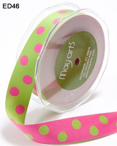 May Arts - 1" Reversible Polka Dot Ribbon, Parrot Green & Pink