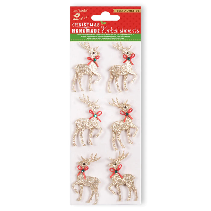 Little Birdie Christmas Sticker Embellishment 6/Pkg-Golden Sparkle Reindeer