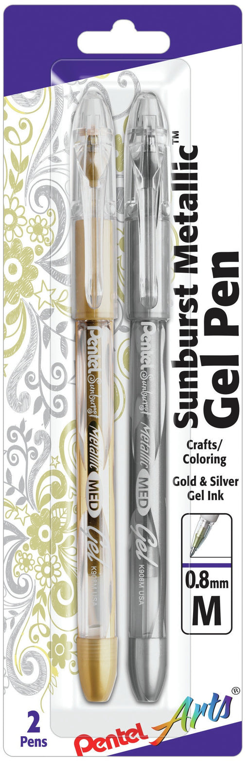 Pentel Sunburst Metallic Gel Pens .8mm 2/Pkg-Gold & Silver