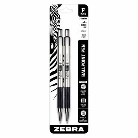 Zebra F-301 Stainless Steel Ballpoint Pen .7mm 2/Pkg-Black