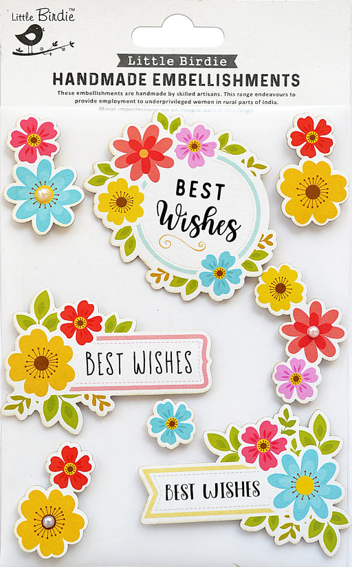 Little Birdie Sticker Embellishment 8/Pkg-Best Wishes Floral