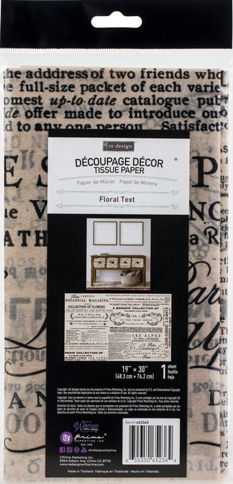 Prima Re-Design Decoupage Decor Tissue Paper 19"X30"-Floral Text