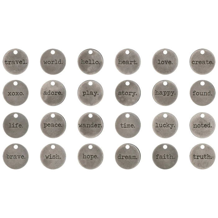 Tim Holtz - Idea-ology - Metal Typed Tokens 24/Pkg-Antique Nickel Words .75"