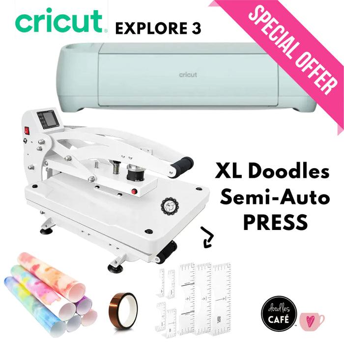 Cricut Explore 3 - Doodles Professional Series Heat Press Bundle (XL Slide-Out Tray) - PLUS WORKSHOP