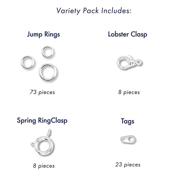 Findings Variety Pack, Silver Plated, 73 Jump Rings, 8 Spring Rings, 8 Lobster Clasps, 23 Tags, 112 pc