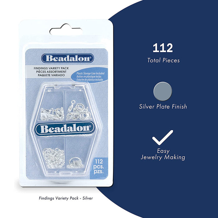 Findings Variety Pack, Silver Plated, 73 Jump Rings, 8 Spring Rings, 8 Lobster Clasps, 23 Tags, 112 pc