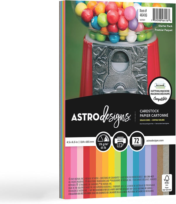 Neenah Astrodesigns Cardstock, Small Cardstock, 4.5" x 6.5", 65 lb/176 GSM, Starter Pack, 18-Colors, 72 Sheets
