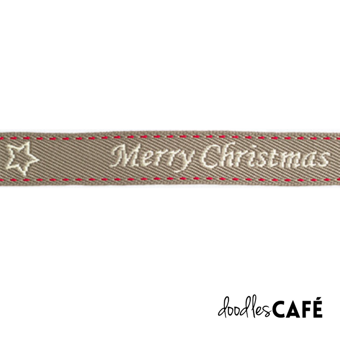 Jacquard Woven Ribbon - Merry Christmas – Taupe / Light Cream / Red (20mm x 1m)