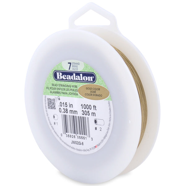 7 Strand Bead Stringing Wire, .015 in / 0.38 mm, Gold Color, 1000 ft / 305 m