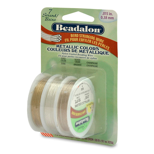 7 Strand Bead Stringing Wire, 3-Pack, .015 in / 0.38 mm, Silver Color, Gold Color, Champagne, 10 ft / 3.1 m