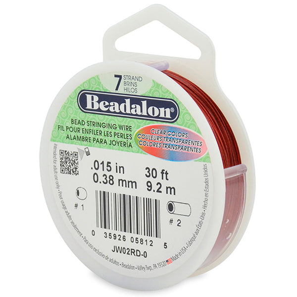 7 Strand Stainless Steel Bead Stringing Wire, .015 in / 0.38 mm, Red, 30 ft / 9.2 m