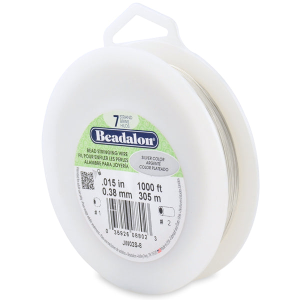 7 Strand Bead Stringing Wire, .015 in / 0.38 mm, Silver Color, 1000 ft / 305 m