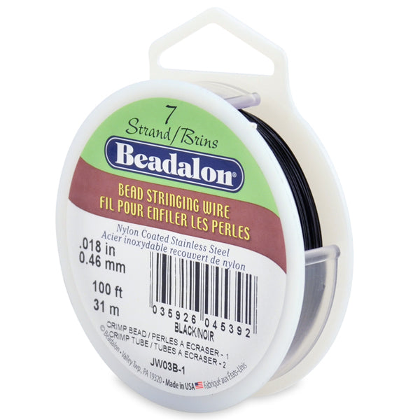 7 Strand Stainless Steel Bead Stringing Wire, .018 in / 0.46 mm, Black, 100 ft / 31 m