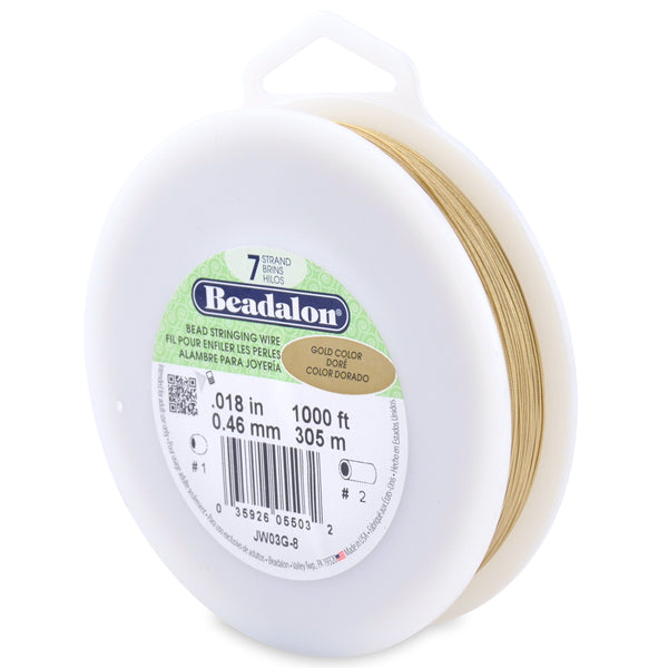 7 Strand Bead Stringing Wire, .018 in / 0.46 mm, Gold Color, 1000 ft / 305 m
