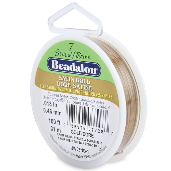 7 Strand Stainless Steel Bead Stringing Wire, .018 in / 0.46 mm, Satin Gold, 100 ft / 31 m