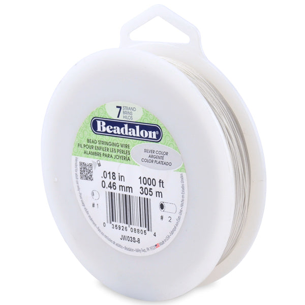 7 Strand Bead Stringing Wire, .018 in / 0.46 mm, Silver Color, 1000 ft / 305 m