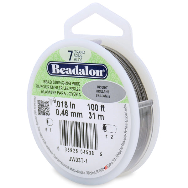 7 Strand Stainless Steel Bead Stringing Wire, .018 in / 0.46 mm, Bright, 100 ft / 31 m