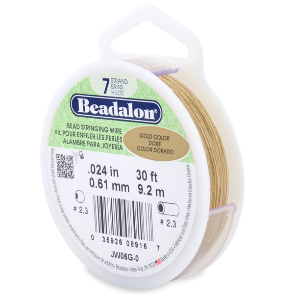 7 Strand Bead Stringing Wire, .024 in / 0.61 mm, Gold Color, 30 ft / 9.2 m