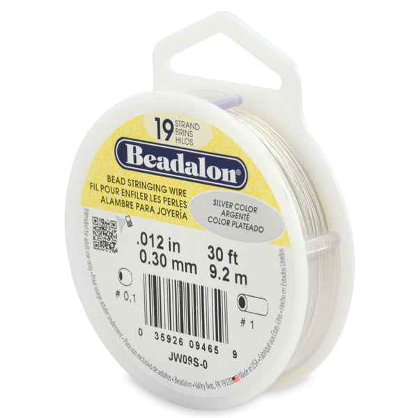 19 Strand Bead Stringing Wire, .012 in / 0.30 mm, Silver Color, 30 ft / 9.2 m