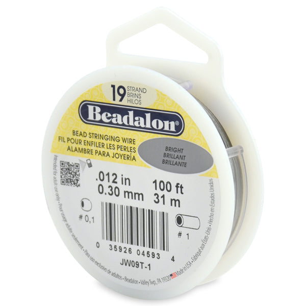 19 Strand Bead Stringing Wire, .012 in / 0.30 mm, Silver Color, 100 ft / 31 m
