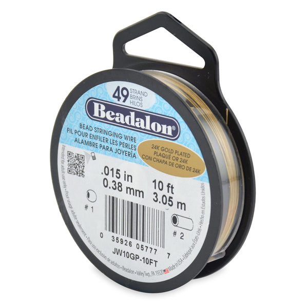 Beadalon - 49 Strand Stainless Steel Bead Stringing Wire, .015 in / 0.38 mm, Gold Plated, 10 ft / 3.1 m