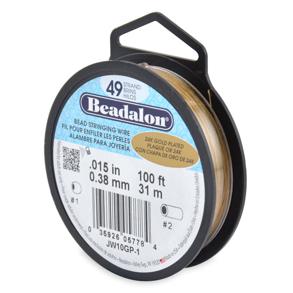 19 Strand Stainless Steel Bead Stringing Wire, .015 in / 0.38 mm, Gold Plated, 100 ft / 31 m