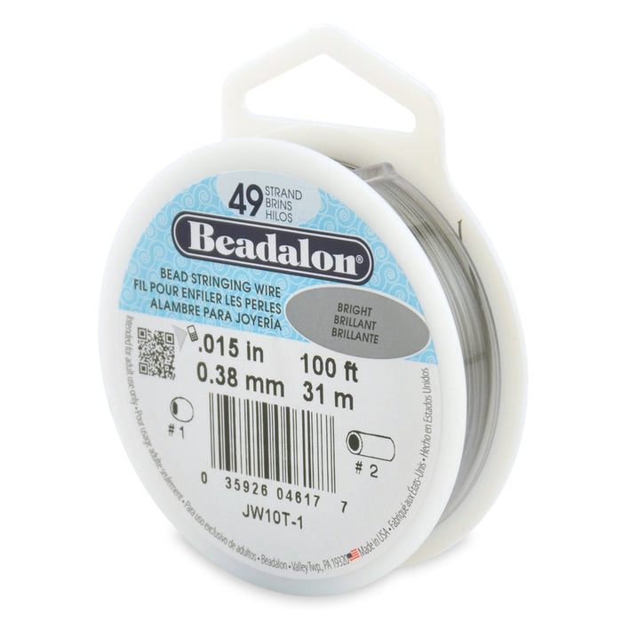 BEADALON- 49 Strand Stainless Steel Bead Stringing Wire, .015 in / 0.38 mm, Bright, 100 ft / 31 m