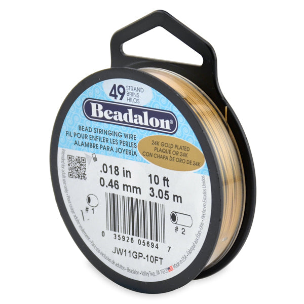 49 Strand Stainless Steel Bead Stringing Wire, .018 in / 0.46 mm, Gold Plated, 10 ft / 3.1 m