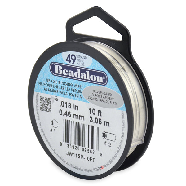 49 Strand Stainless Steel Bead Stringing Wire, .018 in / 0.46 mm, Silver Plated, 10 ft / 3.1 m