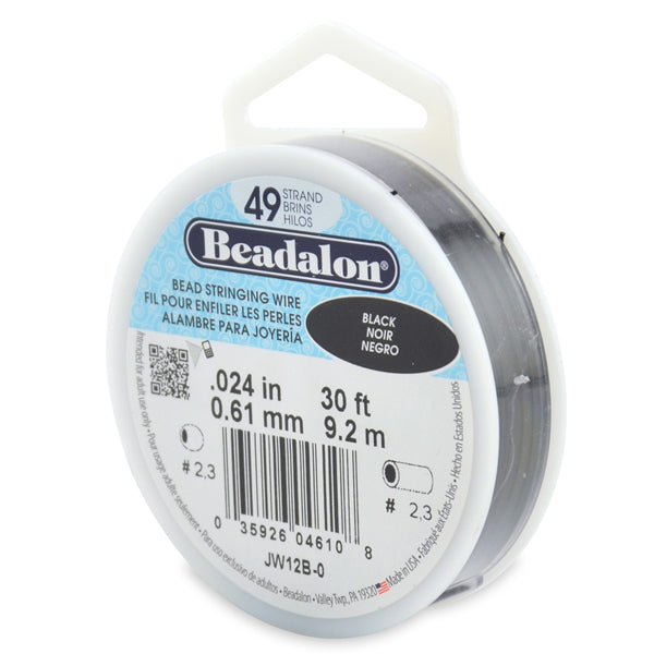 19 Strand Stainless Steel Bead Stringing Wire, .024 in / 0.61 mm, Black, 30 ft / 9.2 m