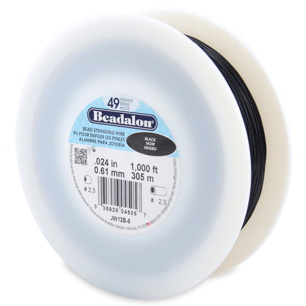 19 Strand Stainless Steel Bead Stringing Wire, .024 in / 0.61 mm, Black, 1000 ft / 305 m