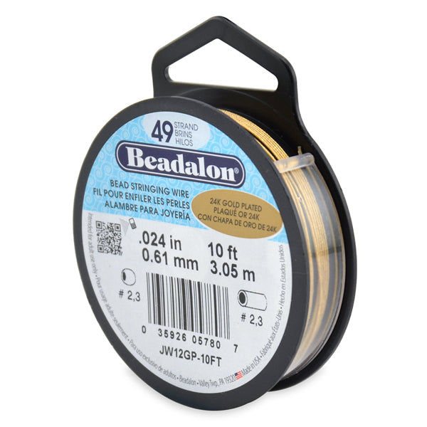 49 Strand Stainless Steel Bead Stringing Wire, .024 in / 0.61 mm, Gold Plated, 10 ft / 3.1 m