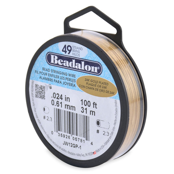 19 Strand Stainless Steel Bead Stringing Wire, .024 in / 0.61 mm, Gold Plated, 100 ft / 31 m