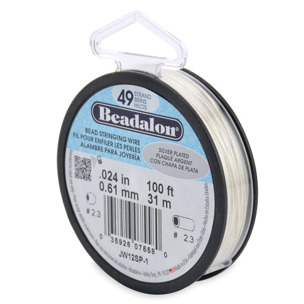 49 Strand Stainless Steel Bead Stringing Wire, .024 in / 0.61 mm, Silver Plated, 100 ft / 31 m