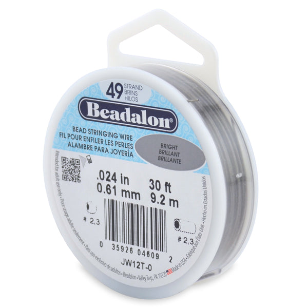 19 Strand Stainless Steel Bead Stringing Wire, .024 in / 0.61 mm, Bright, 30 ft / 9.2 m