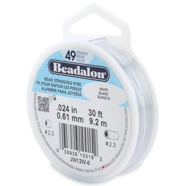 49 Strand Stainless Steel Bead Stringing Wire, .024 in / 0.61 mm, White, 30 ft / 9.2 m