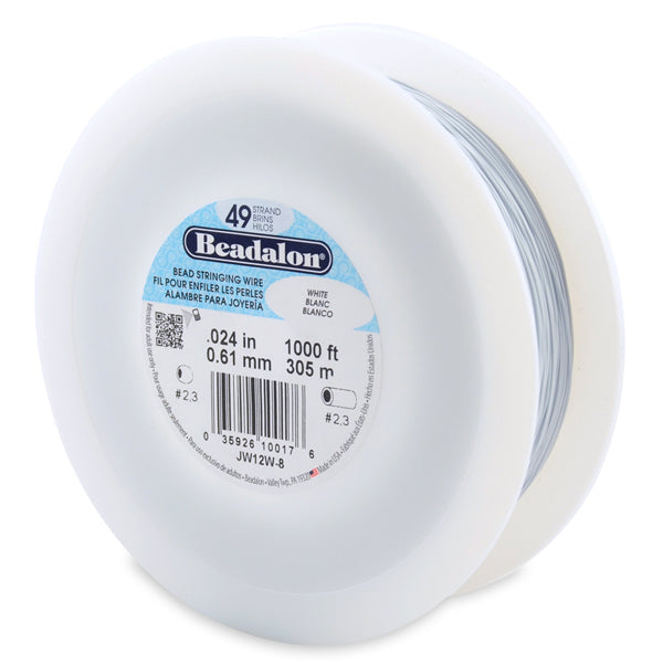 49 Strand Stainless Steel Bead Stringing Wire, .024 in / 0.61 mm, White, 1000 ft / 305 m