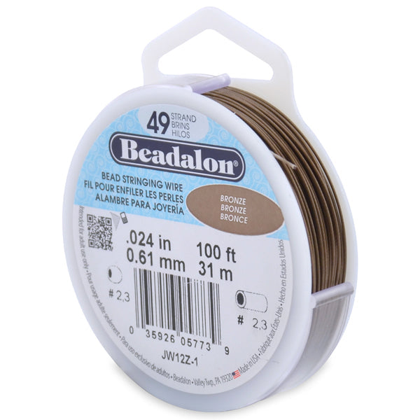 49 Strand Stainless Steel Bead Stringing Wire, .024 in / 0.61 mm, Bronze, 100 ft / 31 m