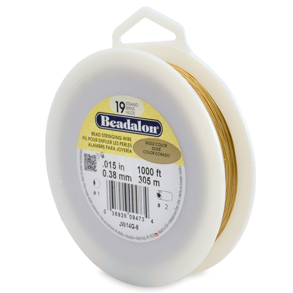 19 Strand Bead Stringing Wire, .015 in / 0.38 mm, Gold Color, 1000 ft / 305 m