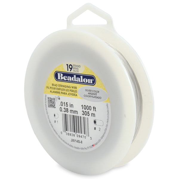 19 Strand Bead Stringing Wire, .015 in / 0.38 mm, Silver Color, 1000 ft / 305 m