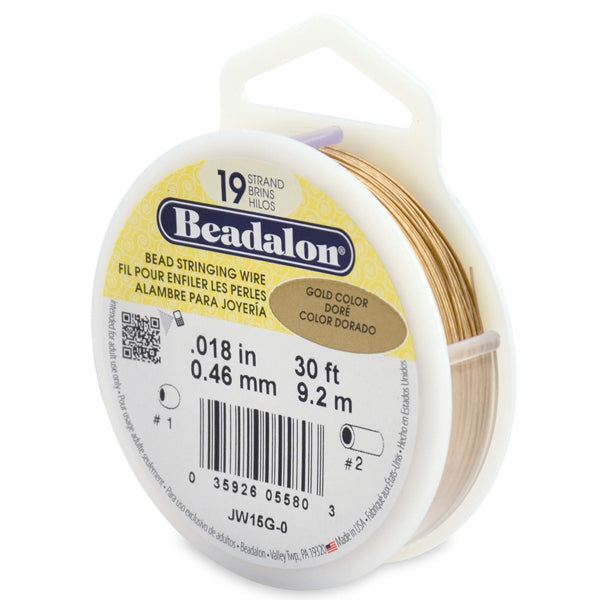 19 Strand Bead Stringing Wire, .018 in / 0.46 mm, Gold Color, 30 ft / 9.2 m