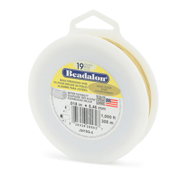 19 Strand Bead Stringing Wire, .018 in / 0.46 mm, Gold Color, 1000 ft / 305 m