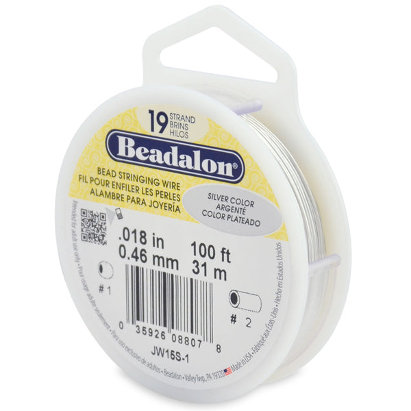 19 Strand Bead Stringing Wire, .018 in / 0.46 mm, Silver Color, 100 ft / 31 m