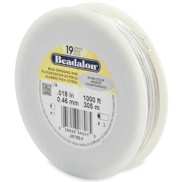 19 Strand Bead Stringing Wire, .018 in / 0.46 mm, Silver Color, 1000 ft / 305 m