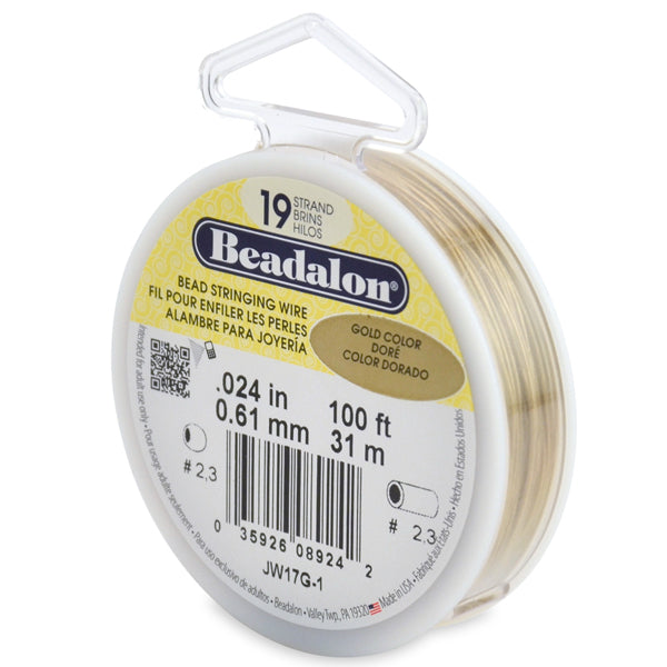 19 Strand Bead Stringing Wire, .024 in / 0.61 mm, Gold Color, 100 ft / 31 m