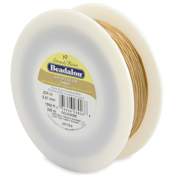 19 Strand Bead Stringing Wire, .024 in / 0.61 mm, Gold Color, 1000 ft / 305 m