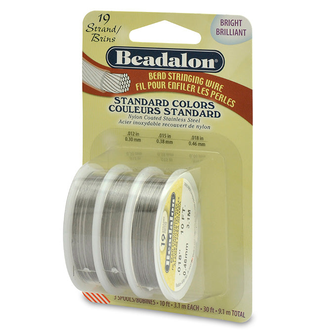 Beadalon - 19 Strand Bead Stringing Wire, 3-Pack, 0.30mm, 0.38mm, 0.46mm, Bright, 3.1m each