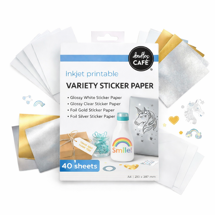 Doodles Bundle - Inkjet Printable Sticker Paper - Glossy White, Clear, Foil Silver, Foil Gold (40 pack) A4