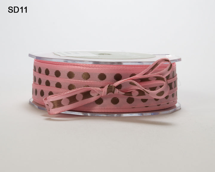 May Arts - 3/8 Inch Solid Center Dot Ribbon - Pink with Brown Dots