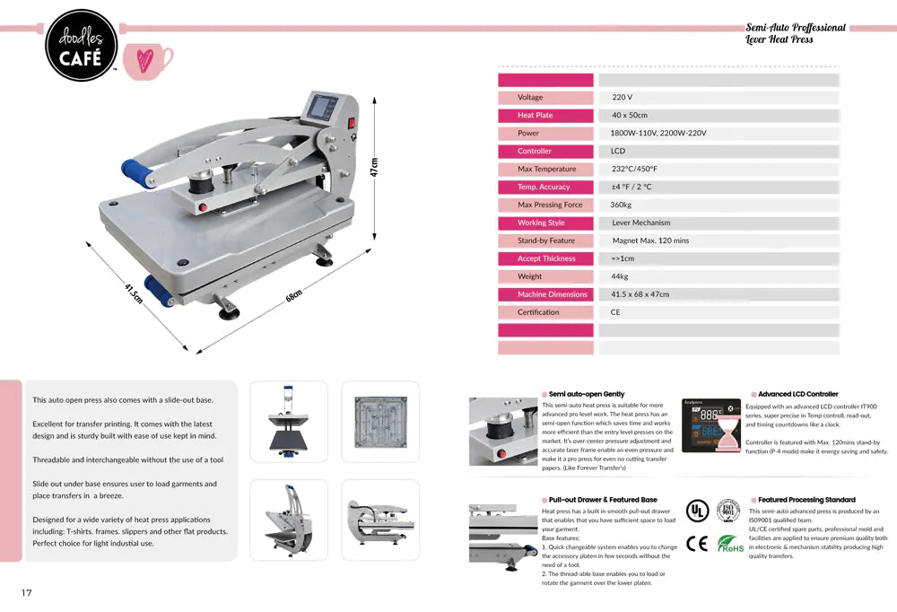 Doodles - Semi-Auto Pro High Pressure - Heat Press Machine Softy Bundle 16inch x 20inch (40cmx50cm)